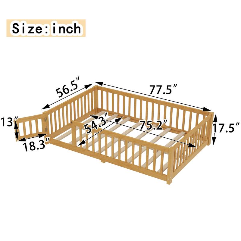 Montessori Toddler Floor Bed with Fence and Switchable Door, Low Profile Bed Frame with Removable Slats, Safe Transition Bed