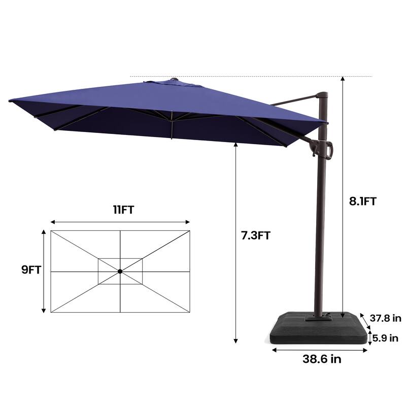 Outdoor 9 x 11 Ft Cantilever Patio Umbrella 360 Degree Rotation with Weight Base