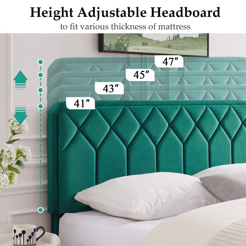 VECELO Upholstered Bed Frame with Adjustable Height Headboard, Twin/Full/Queen Size Beds, Dark Green