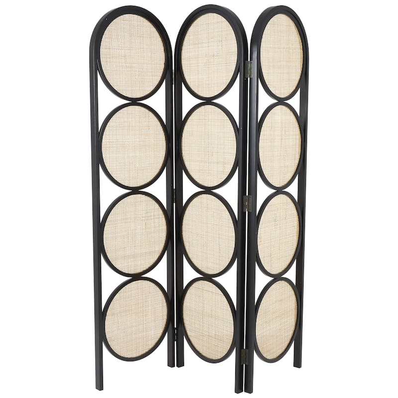 Wooden Geometric Handmade Arched Foldable 3 Panel Room Divider Screen with Woven Circular Cutouts - Black - Roche River Decor - Black