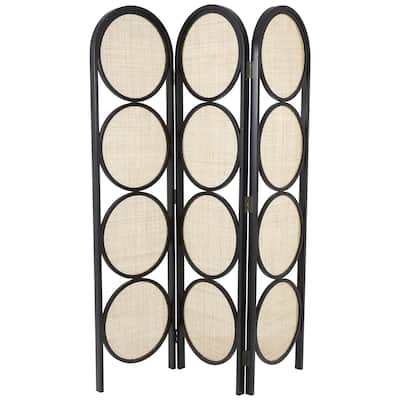 Wooden Geometric Handmade Arched Foldable 3 Panel Room Divider Screen with Woven Circular Cutouts - Black - Roche River Decor