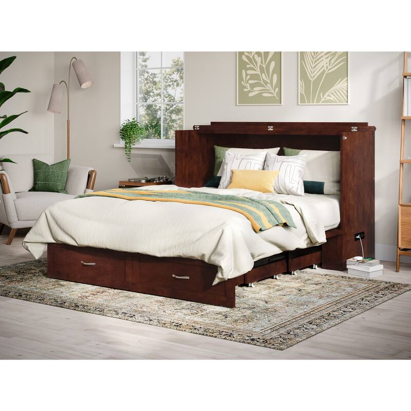 Murphy Bed Chest with Mattress - Solid Wood Bed Frame - Modern Storage Bed - Walnut Finish - Space Saving Furniture