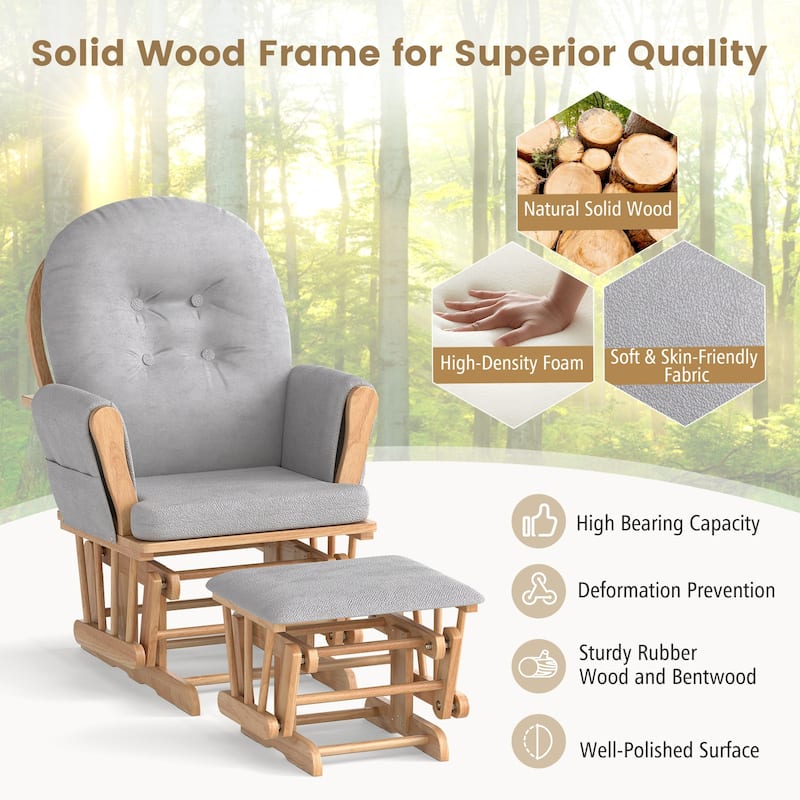 Solid Wood Gliding Chair Set with Storage Pockets and Ottoman for Relaxing - 29.5" x 28.5" x 39.5" (L x W x H)