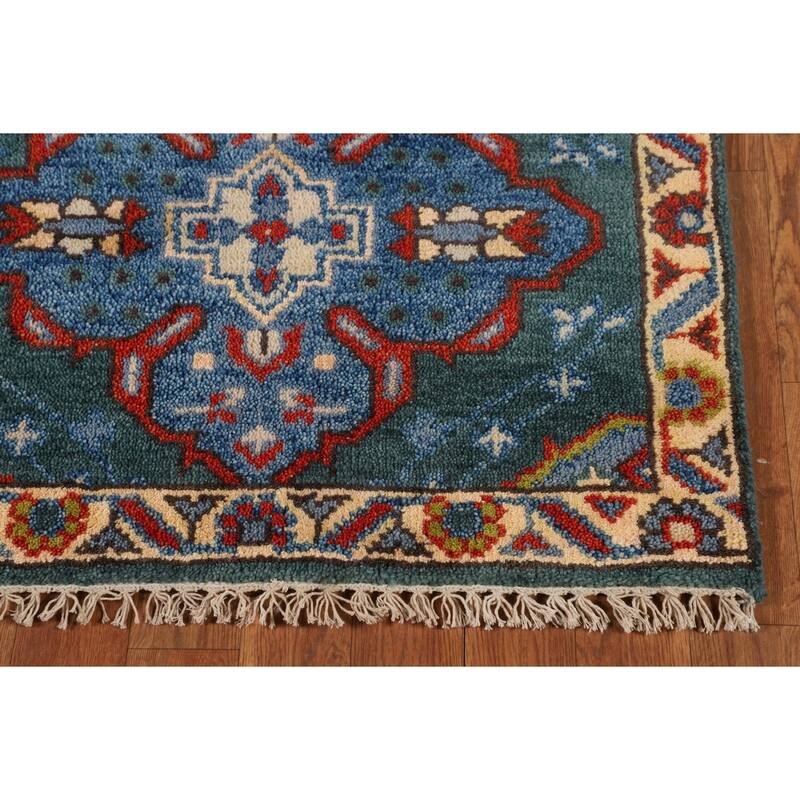 Green Geometric Kazak Oriental Runner Rug Hand-Knotted Wool Carpet - 2'6"x 9'10"