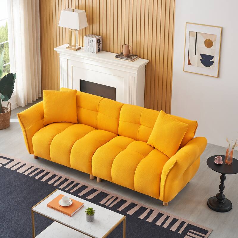Flared Arms Sofa Square Grid Design Lounge Couch with Pillows