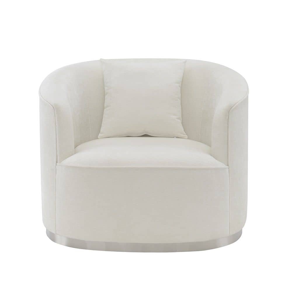 Chenille Upholstered Barrel Accent Chair with Pillow in Beige