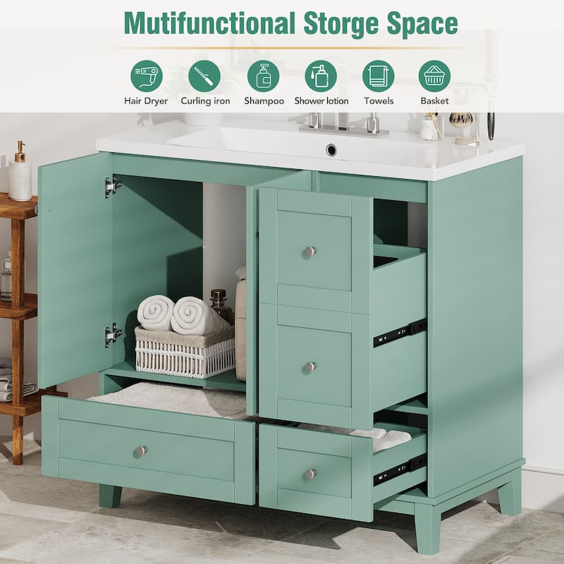 36 Inch Modern Bathroom Vanity with USB Charging, Two Doors and Three Drawers Bathroom Storage Vanity Cabinet