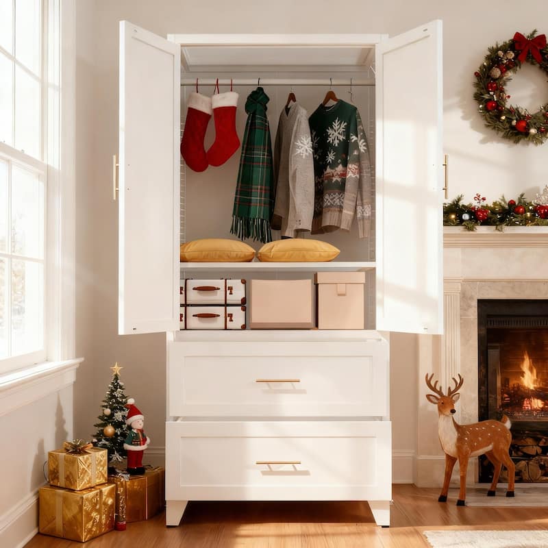 71" Tall Metal Wardrobe Cabinet with 2 Drawers and Hanging Rod, 2 Doors Wardrobe Closet with Shelf for Bedroom, Office