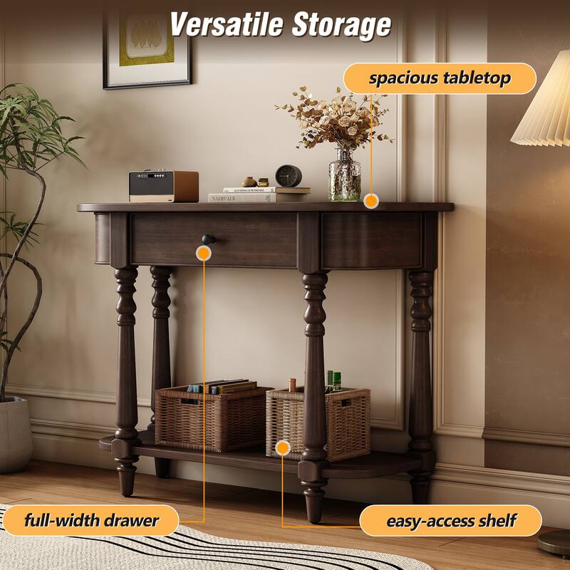 Retro Narrow Console Table with Curved Corner, Top Drawer & Open Shelf