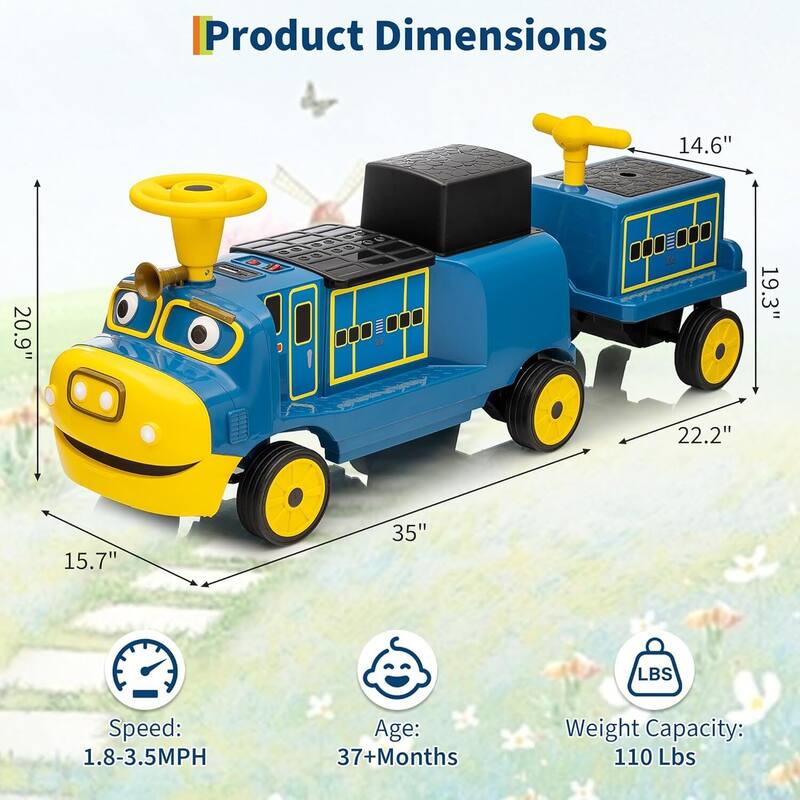 12V Kids Ride On Toy Car, 3-Seater Ride On Train Trackless