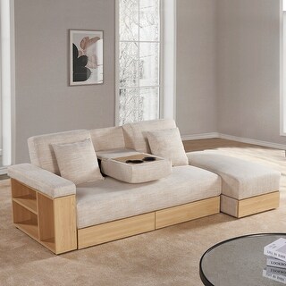 Multi-functional L-shape sofa，sofa bed with storage chaise and 2-drawers, arm side shelve