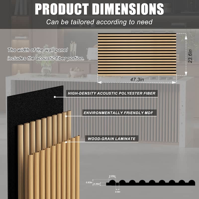 47.3" x 23.6" Half Round Slat Acoustic Wall Panels for Ceiling and Wall Decor, 4-Pack (31 sq ft)