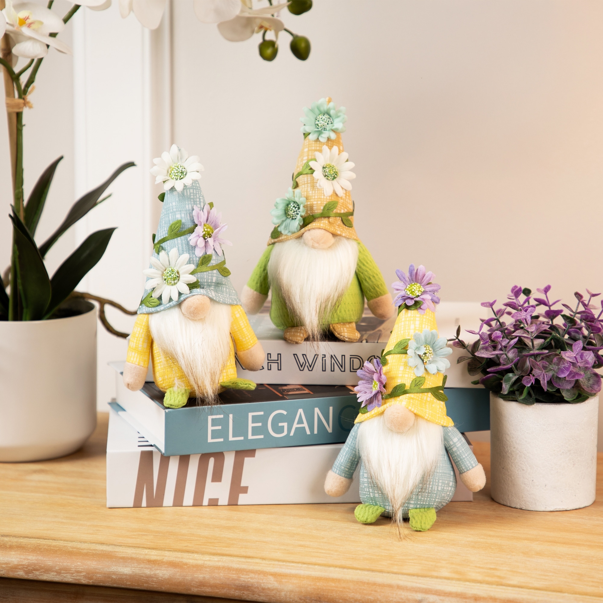 Mini Plush Gnomes with Floral Hat Spring Decorations - 7" - Set of 3