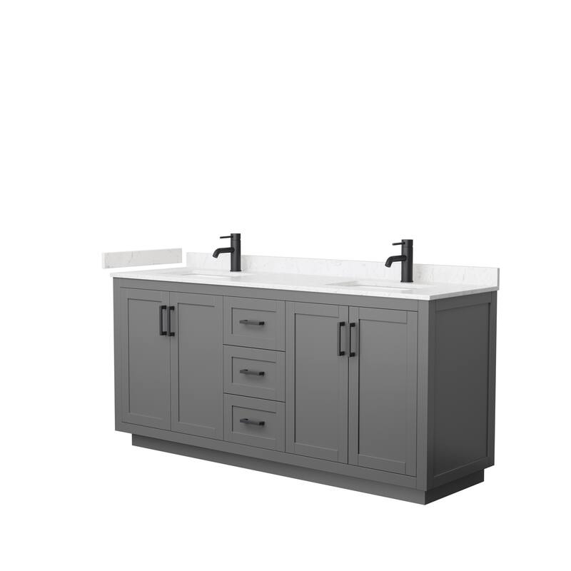 Miranda Double Vanity Set, Cultured Marble Top, No Mirror - 72-Inch Double - Dark Gray, Black Trim, Carrara Cultured Marble Top