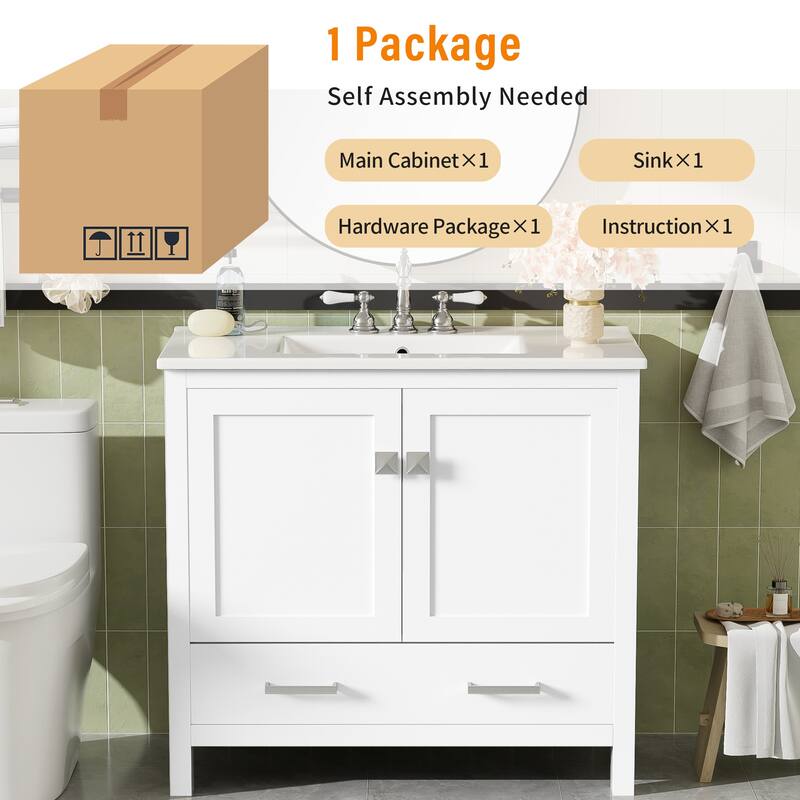 36" Modern Bathroom Vanity with Ceramic Sink, Soft-Close Doors, Drawer Divider & Storage Shelves