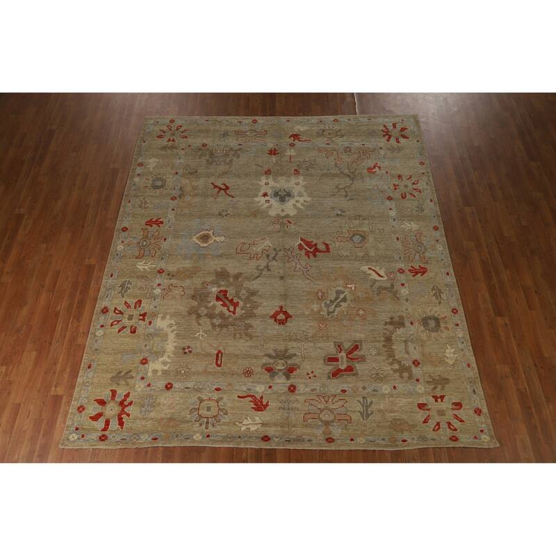 Hand Knotted Oriental 100% Wool Carpet Transitional All-Over Beige & Ivories Oushak Area Rug - 9' 9'' X 8' 4''