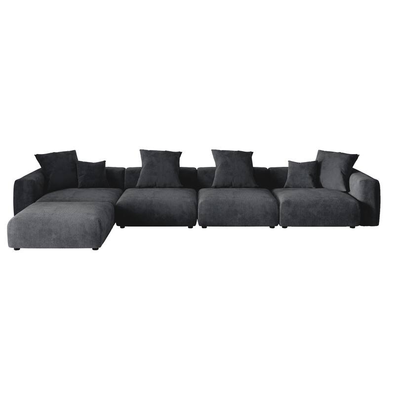L Shaped Corduroy Upholstered Deep Seat Comfy Sectional Sofa with Solid Wood Legs for Living Room