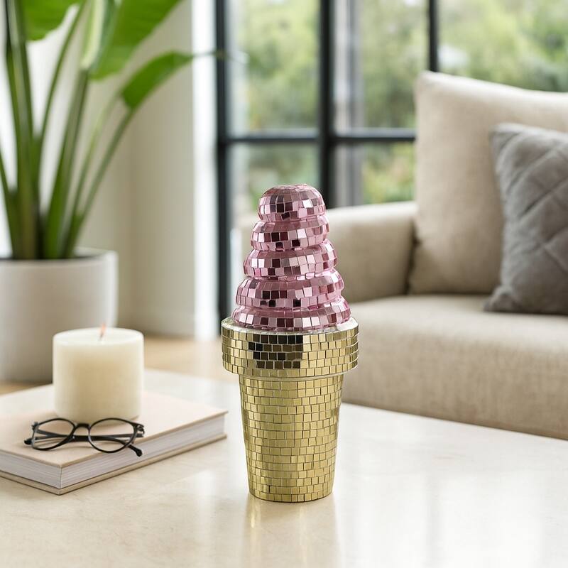Mosaic Mirror Ice Cream Decorative Figurine - Pink/Gold - 4.25" x 4.25" x 9" - 4.25" x 4.25" x 9" - Pink/ Yellow