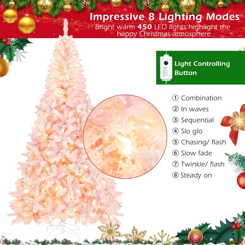 Gymax 7.5FT Pre-Lit Hinged Artificial Snow Christmas Tree Decor Tree