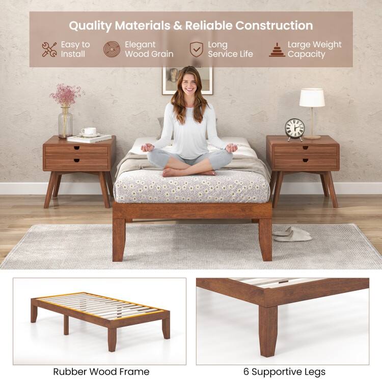 Brown Rubber Wood 14-Inch Twin Size Platform Bed Frame with Wood Slat Support