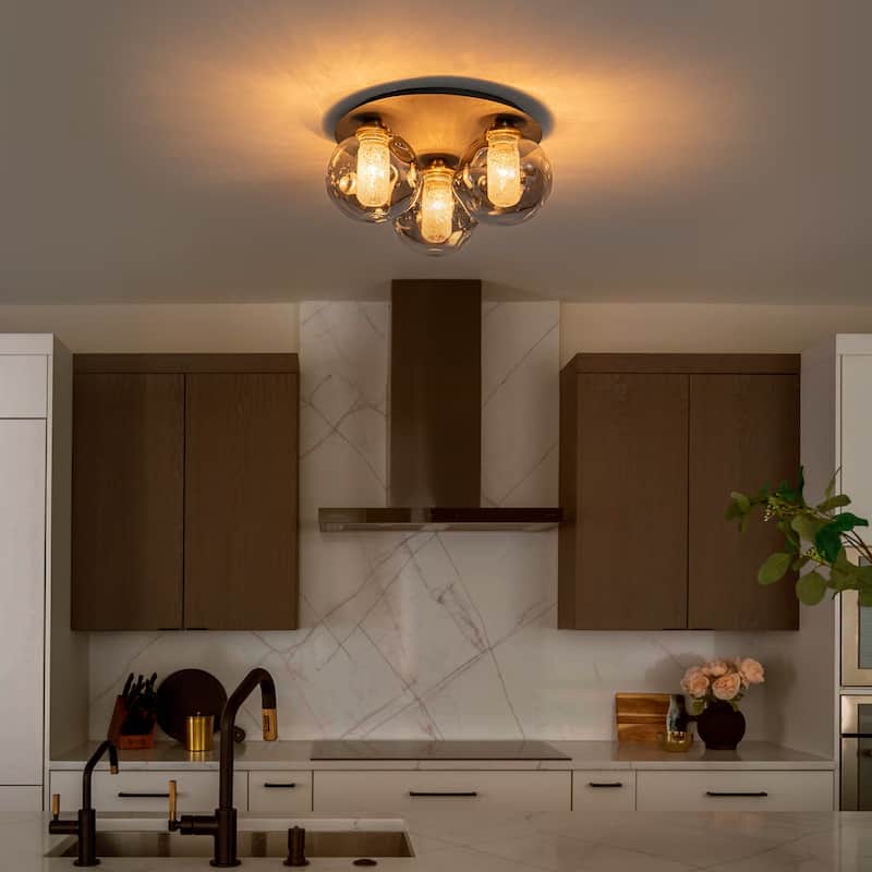 3 Lights Black Flush Mount Ceiling Light with Smoked Glass Shades - Dia.15.74-in