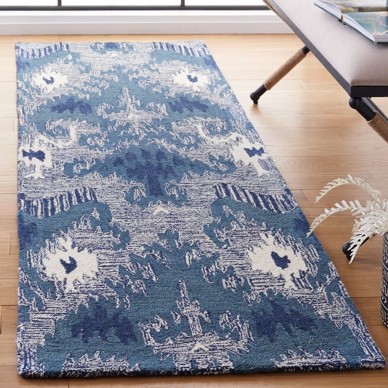 SAFAVIEH Handmade Ikat Engeltje Bohemian Wool Rug - 2'3" x 8' Runner - Blue/Ivory