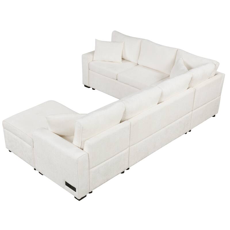 112.2" Chenille Sectional Sleeper Sofa 6-Seat Pull-Out Bed with Storage Ottoman and Charging Ports