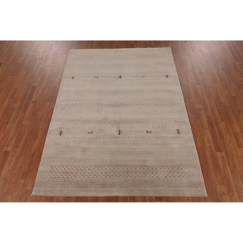 Tribal Gabbeh Oriental Area Rug Handmade Beige Wool Carpet - 5'4"x 7'6"