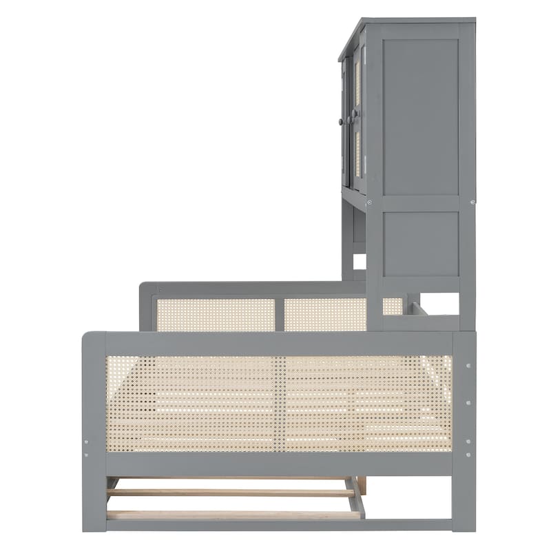 Full Size Daybed With Twin Size Trundle and All-in-One Cabinet, Wooden Daybed Sofa Bed Frame with Wood Slat Support