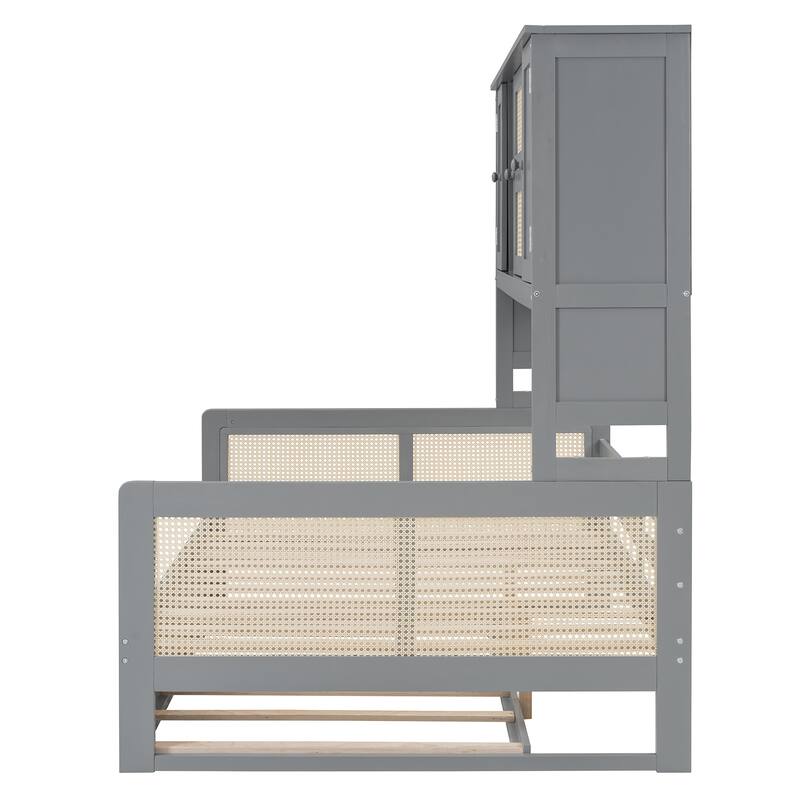 Wood Full Size Daybed with Built-In Storage Cabinet, Shelves & Twin Trundle, Rattan Accent, No Box Spring Needed
