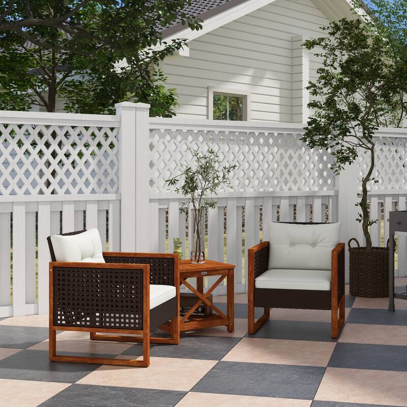 3 Pieces Patio Bistro Set Wooden with Cushions, PE Wicker Patio Furniture Outdoor for Porch, Backyard, Garden
