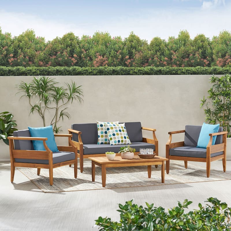 Aston Outdoor Mid-Century Modern Cushioned Acacia 4-seat Chat Set by Christopher Knight Home - Teak Finish + Dark Gray Cushion