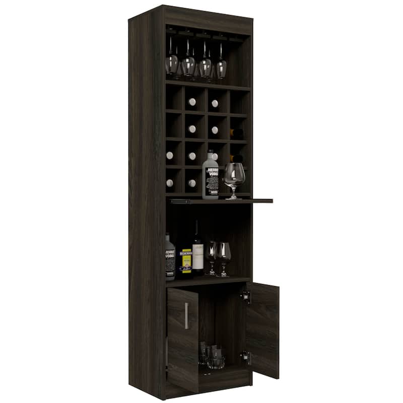 TUHOME Kava Bar Cabinet with 16 Wine Cubbies, 12 Glass Racks, 1 Shelf, Concealable Serving Tray, and Double Door - N/A