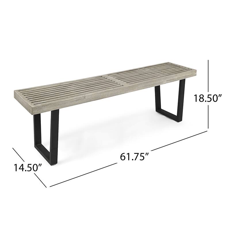 Roomfitters Modern Acacia Wood Patio Dining Bench with Iron Legs, Slat Top