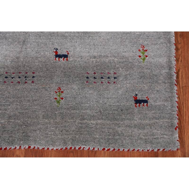 Hand Knotted Oriental 100% Wool Carpet Tribal Animal Pictorial Greys & Charcoal Gabbeh Runner Rug - 7' 9'' X 2' 7''