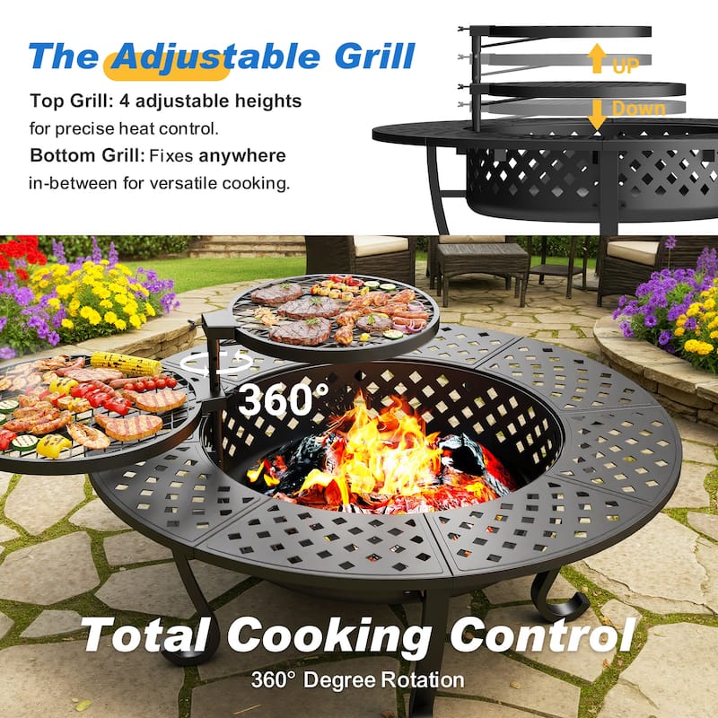 3-in-1 Outdoor Fire Pit Table - BBQs, Bonfire & 43" Metal Table - N/A