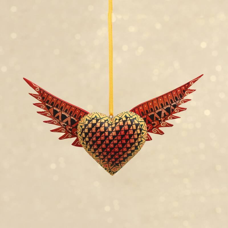 NOVICA Handmade Wings Of The Heart Wood Ornament - 2.9" H x 6.25" W x 1.1" D