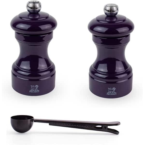 slide 1 of 1, Peugeot Bistro Manual Salt & Pepper Mill Gift Set, Gloss Painted Wood, 10 cm - 4″- With Stainless Steel Spice Scoop/Bag Clip Purple - 3 Piece