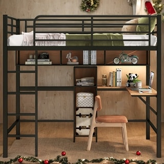 Full Size Metal & Wood Loft Bed with L -shaped desk and shelves, Black ...