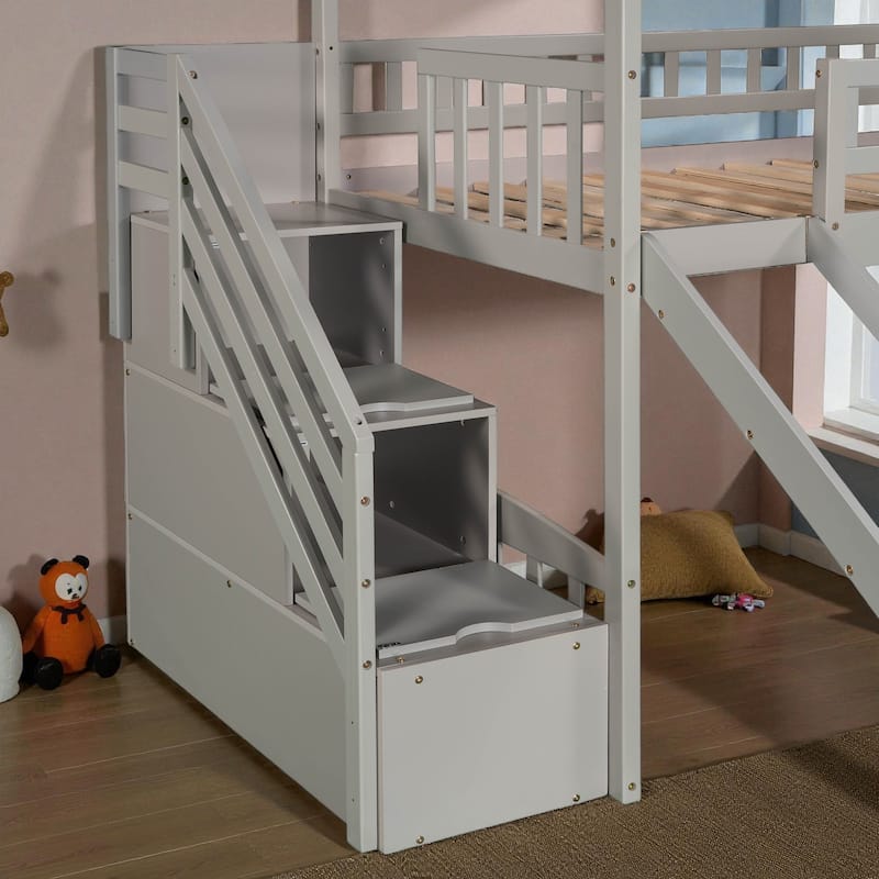 Twin Loft Bed with Slide and Storage Steps, House-Style Kids Bed with Two Drawers and Play Area, No Box Spring Needed