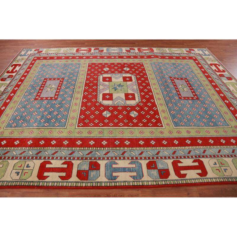 Hand Knotted Oriental 100% Wool Carpet Traditional Geometric Multi-Colored Kazak Area Rug - 11' 7'' X 8' 6''