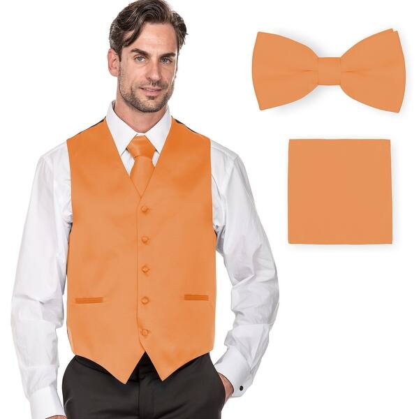 Porto Filo Men S Plain Satin Fabric Tuxedo Vest 4pcs Set Vest Tie Hanky Bowtie Overstock 24238361 Black tux and vest, red tie. usd