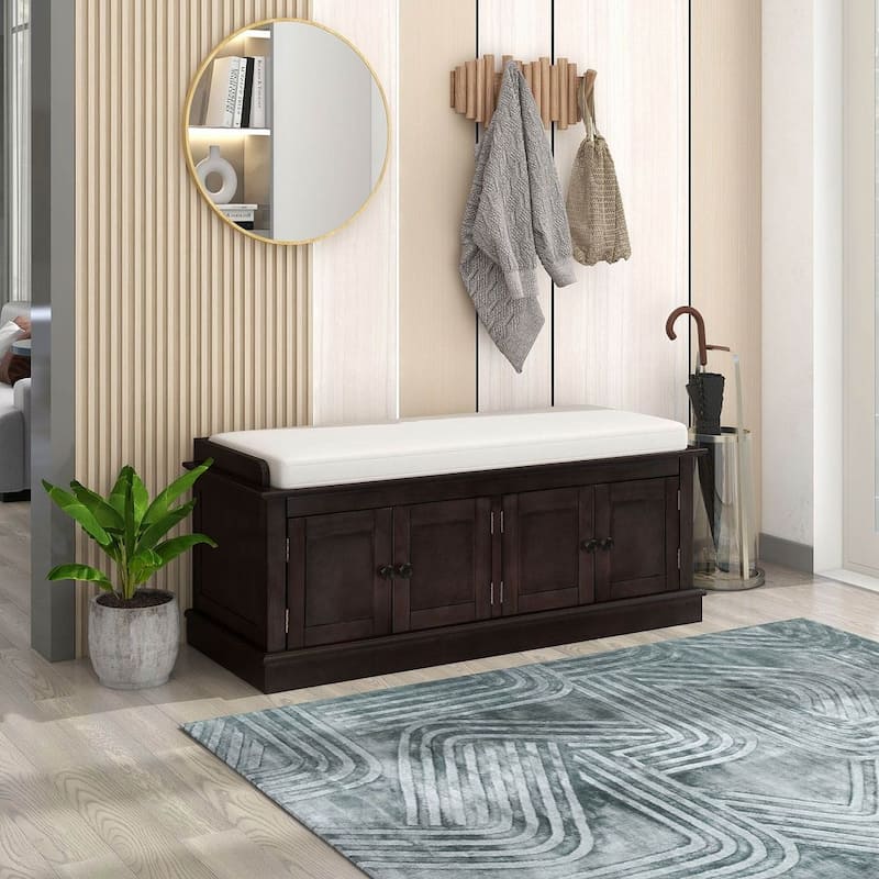 42.70" Modern Versatile Entry Upholstered Storage Bench with 4 Doors, Adjustable Shelves and Shoe Racks - Espresso