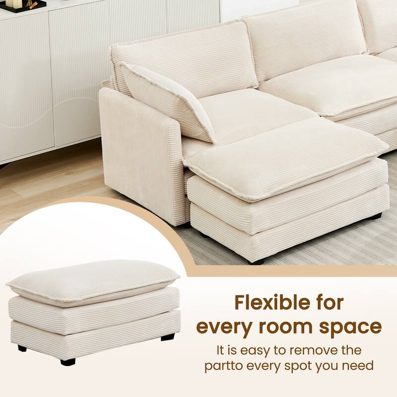 5-Seater Corduroy Sectional Sofa with a Removable Ottoman & Corner Seat, Soft & Comfortable - 4 Seats with 1 Ottoman