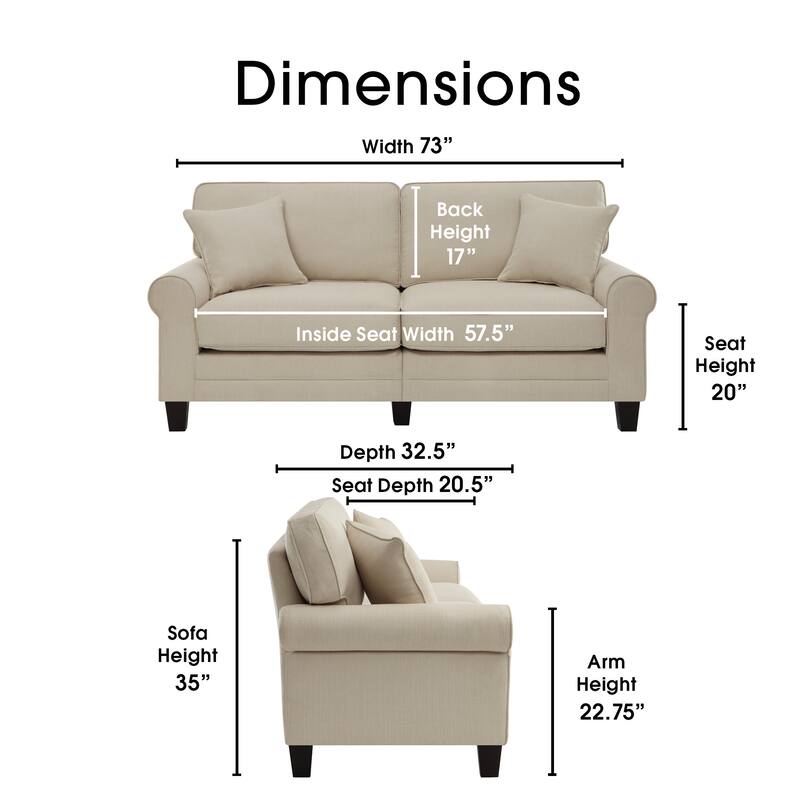 Serta Copenhagen 73" Sofa Couch for Two People, Pillowed Back Cushions and Rounded Arms, Durable Modern Upholstered Fabric