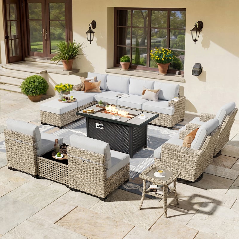 HOOOWOOO 13-piece Outdoor Sofa Patio Wicker Swivel Chair Set with 42" Fire Pit - Grey