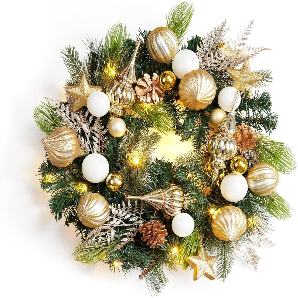 24-Inch Pre-Lit Christmas Wreath 20-Head Warm Light 8 Function Modes - N/A