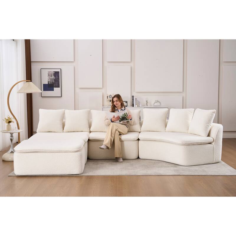 U-Shaped Modular Sectional Sofa with Ottoman, Woodgrain Chenille Deep Seat Boneless Couch, Compression Sofa with Pillows