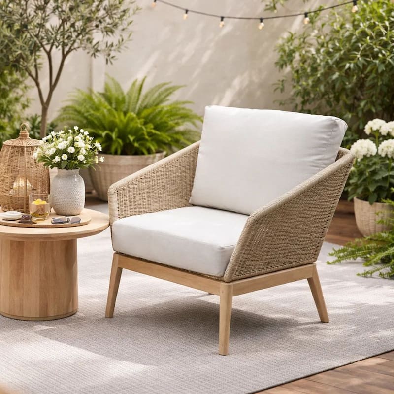 Dexi 30 Inch Patio Sofa Chair, Fade Resistant Fabric Cushions, Beige Rope
