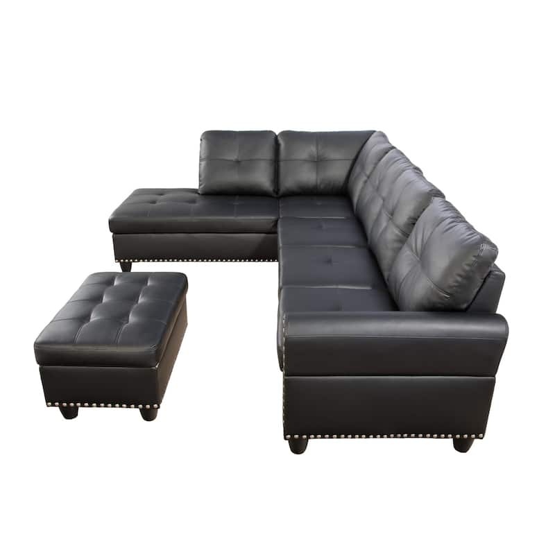 Wood Frame Faux Leather Storage Sectional Sofa with Ottoman & Cup Holders